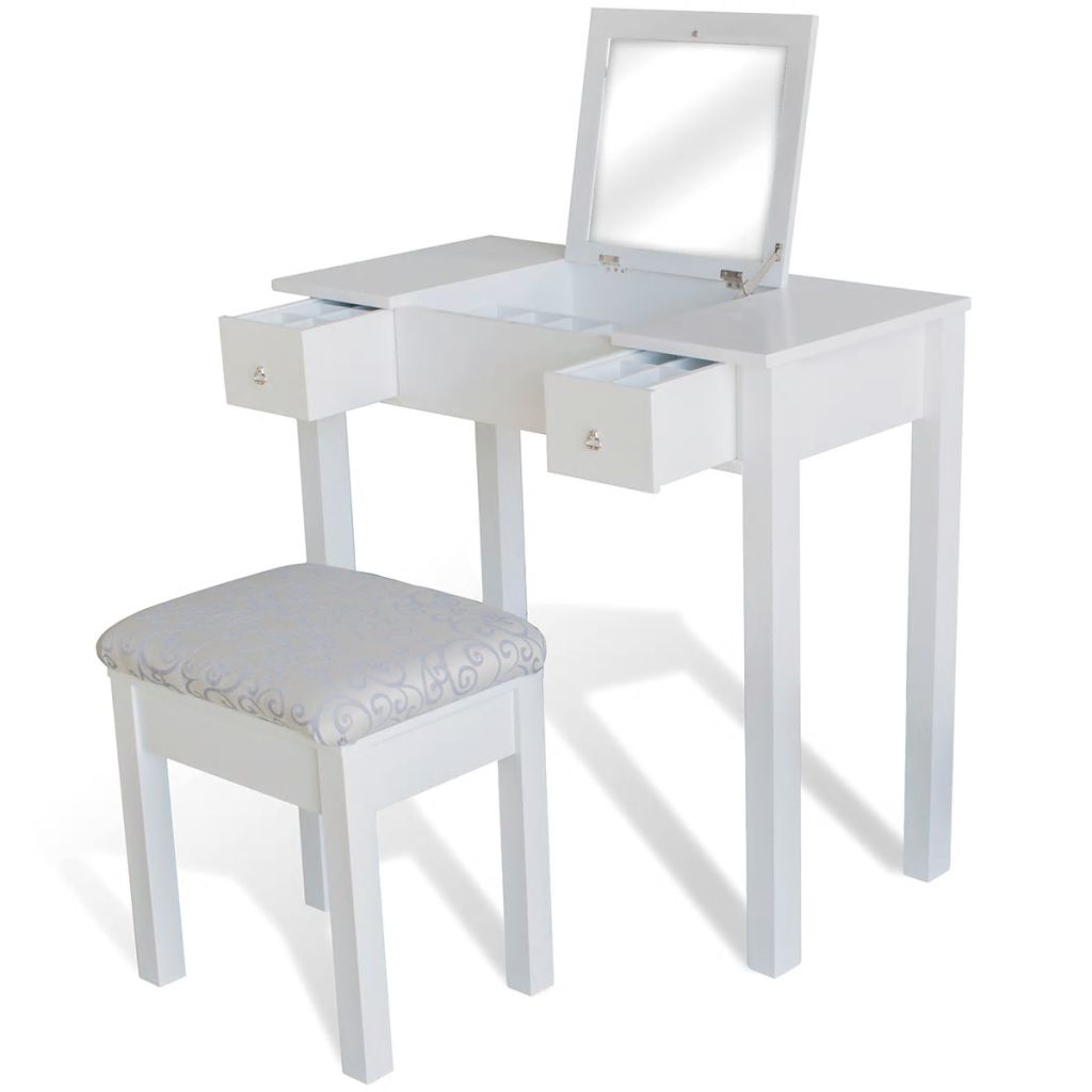 Vidaxl Coiffeuse Avec Tabouret Et 1 Miroir Rabattable Blanc