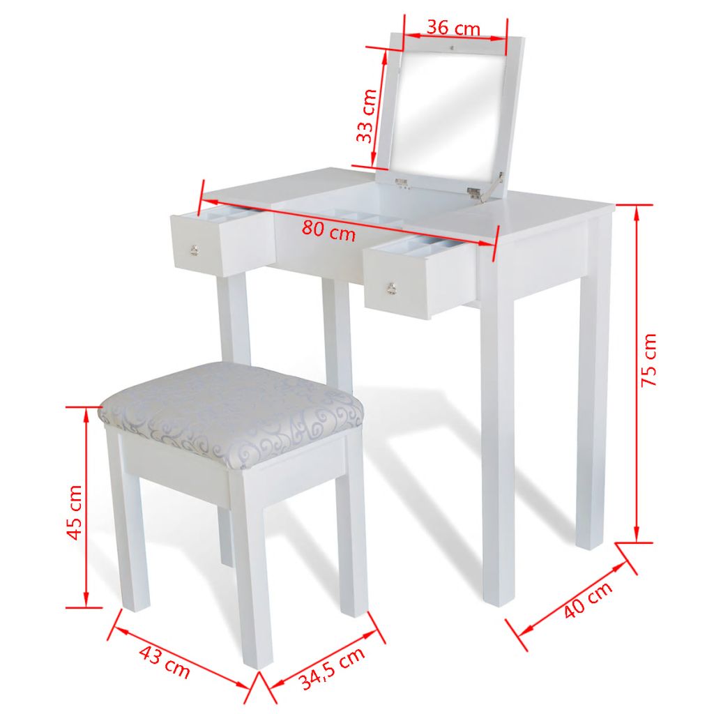 Vidaxl Coiffeuse Avec Tabouret Et 1 Miroir Rabattable Blanc