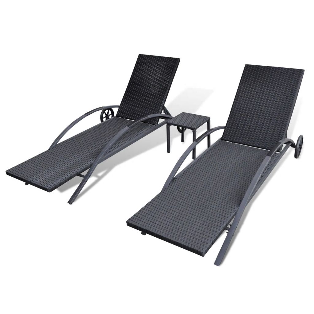 Ensemble De Chaises Longues - Noir - 2 Chaises + Table - Dossier Reglable - Housses Lavables - Roulettes