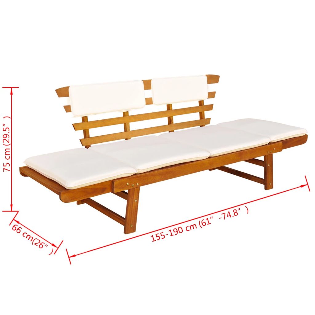 Banc De Jardin Avec Coussins 2 En 1 Bois 190 X 68 X 74 Cm