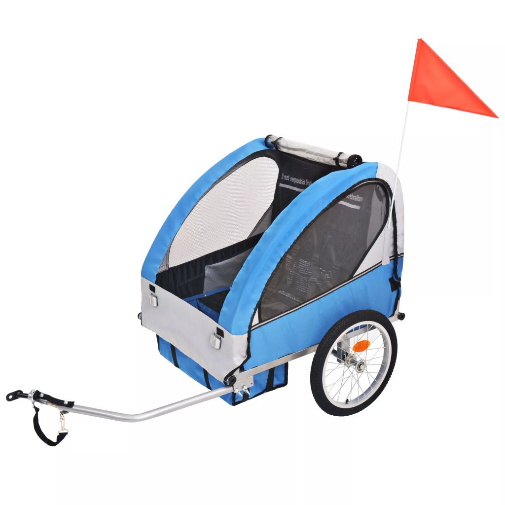 Remorque De Velo Pour Enfants Vidaxl Gris Et Bleu 30 Kg Harnais De Securite 5 Points Acier Robuste