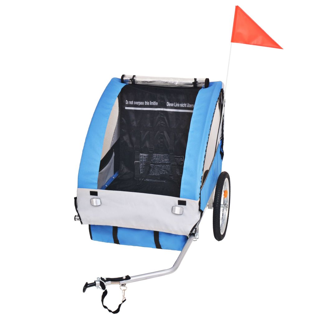 Remorque De Velo Pour Enfants Vidaxl Gris Et Bleu 30 Kg Harnais De Securite 5 Points Acier Robuste