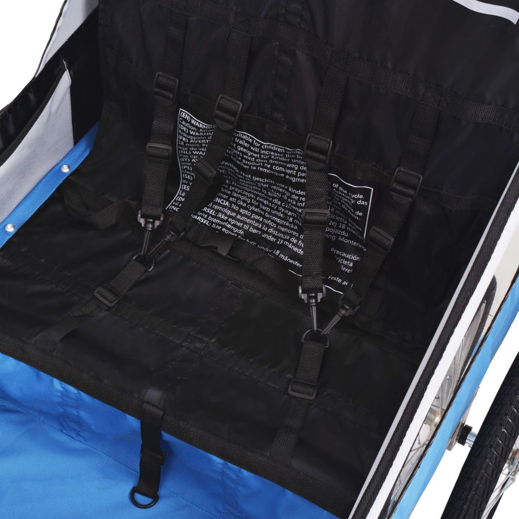 Remorque De Velo Pour Enfants Vidaxl Gris Et Bleu 30 Kg Harnais De Securite 5 Points Acier Robuste