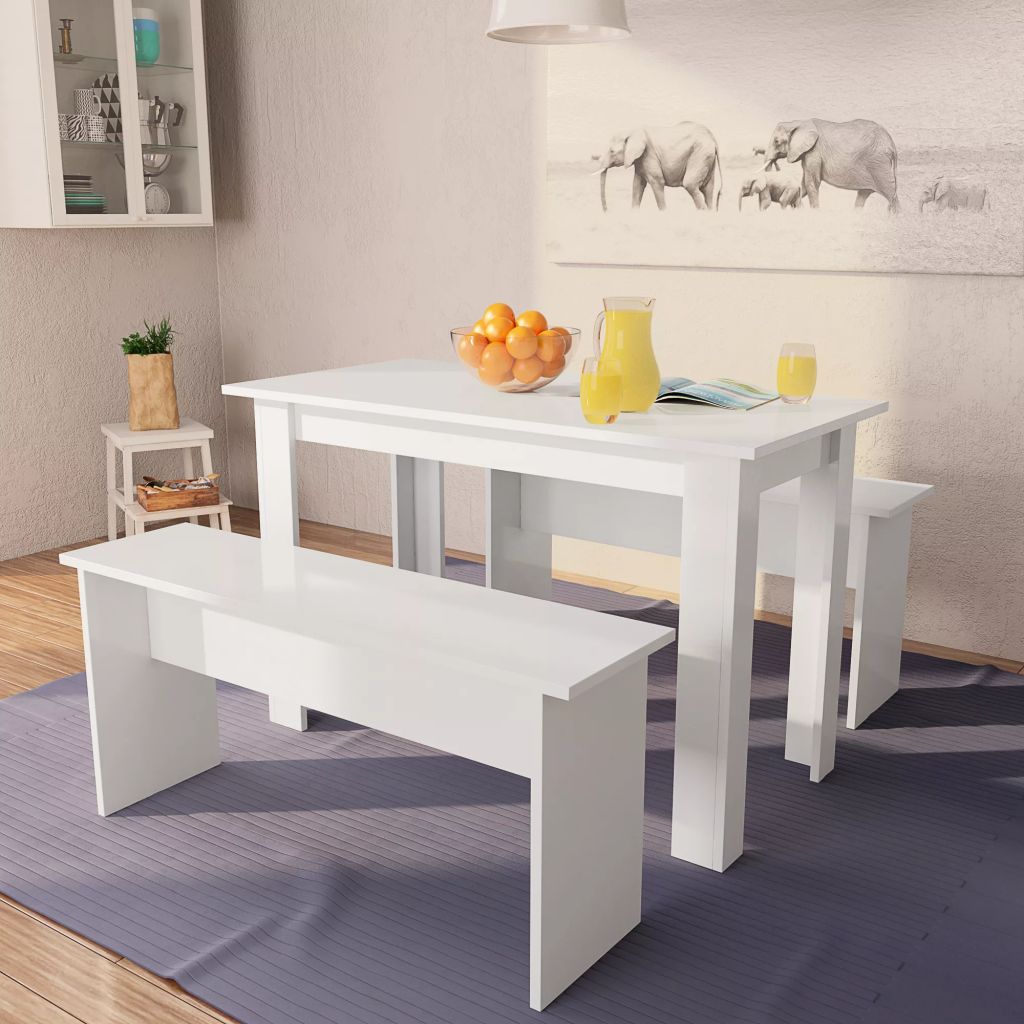 Vidaxl Table De Salle A Manger Et Bancs 3 Pcs Agglomere Blanc