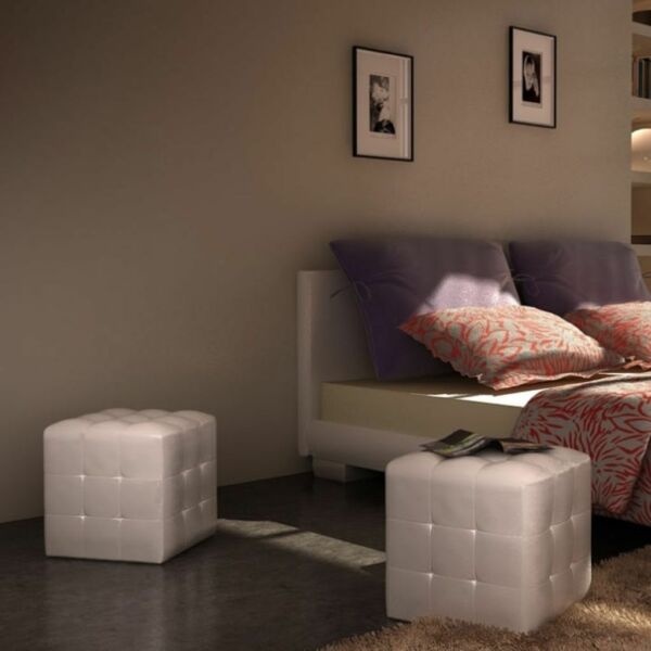 Pouf Cube Capitonne Blanc Vidaxl Lot De 2 Simili Style Scandinave Moderne 30x30x30cm