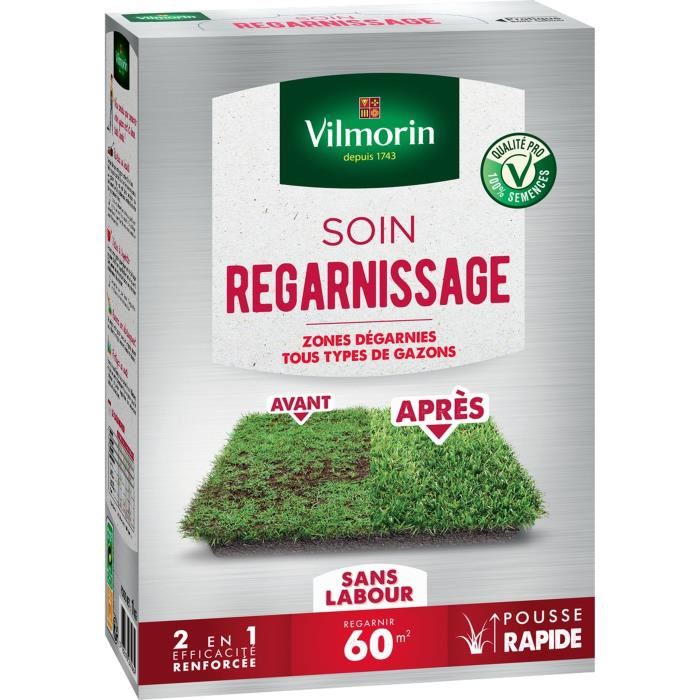 Semences De Gazon Vilmorin - Soins Regarnissage Universel 2 En 1 Boite De 1kg - Repousse Tres Rapide