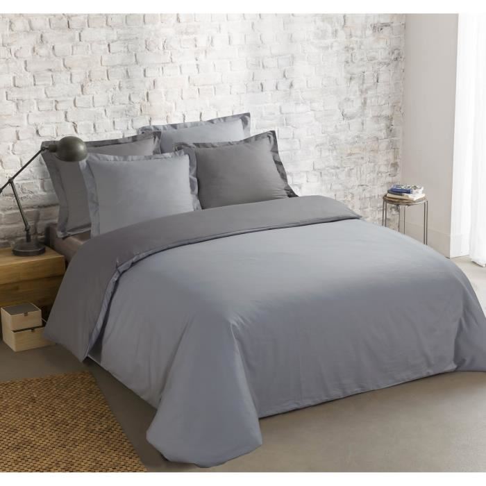 Vision - Bicolore Reversible - 100% Coton - Housse De Couette 200 X 200cm Avec 2 Taie 65 X 65cm - Gris/gris Perle - Oeko-tex