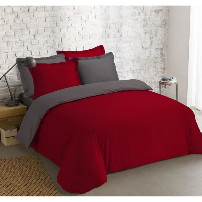 Housse de couette et deux taies L260 cm Bi color Gris et rouge