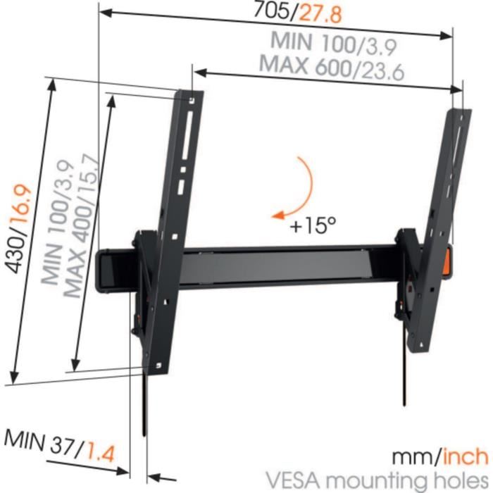 Support Tv Mural Inclinable Vogel's Wall 3315 - 40-65 Pouces - 40 Kg - 15° D'inclinaison