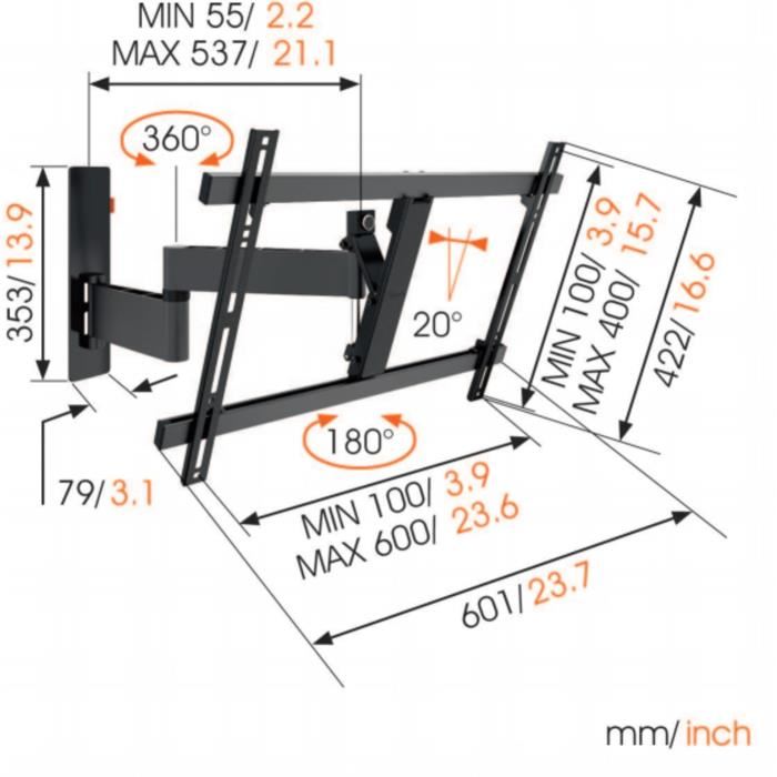 Vogels Wall 3345 Support Tv Orientable 180a° Et Inclinable 20a° 40 65 30kg Max