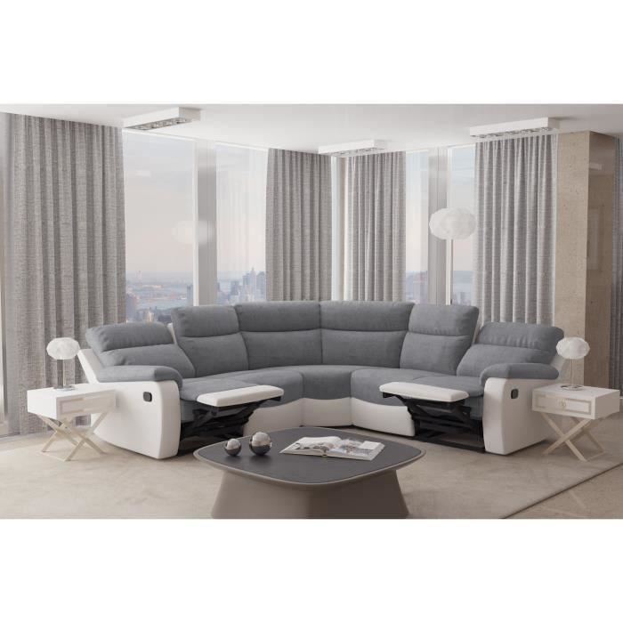 VOLUPTE Canape de relaxation angle reversible 5 places Simili et tissu gris et blanc Contemporain L 238 x P 238 cm