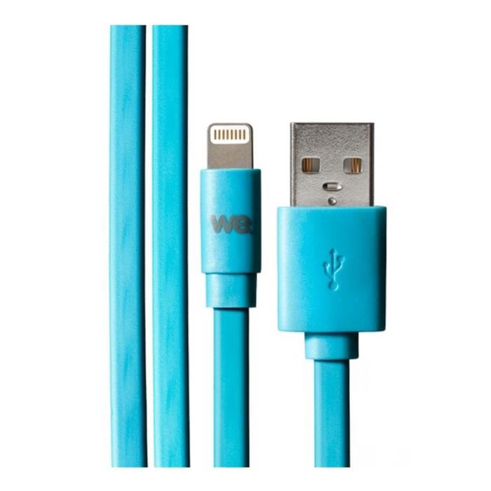 Cable Usb/lightning Plat Compatible Avec Iphone: Evite De Faire Des Noeuds 1m Bleu - En Silicone