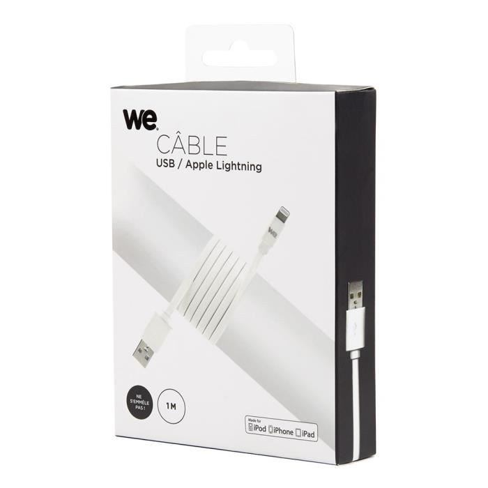 Cable Usblightning Plat Compatible Avec Iphone Evite De Faire Des Noeuds 1m Blanc En Silicone