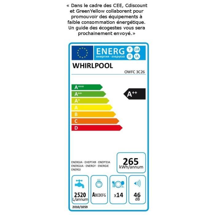 Lave Vaisselle Pose Libre Whirlpool Owfc3c26 14 Couverts Induction L60cm 46db Blanc
