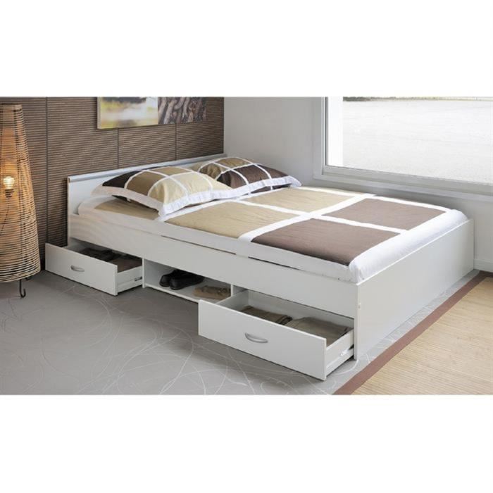 Vente-unique Lit Avec Rangements 140 X 190 Cm - 2 Tiroirs Et 1 Niche - Coloris : Blanc - Pablo