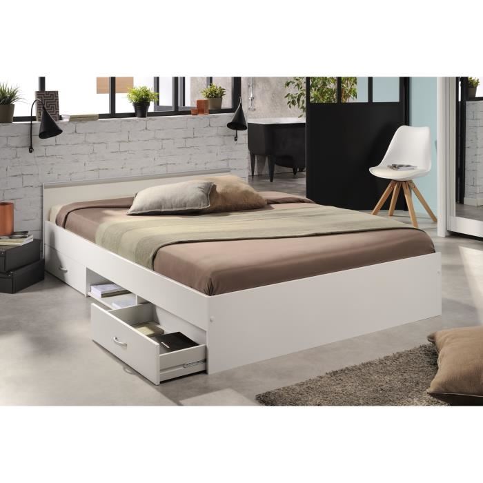 Vente-unique Lit Avec Rangements 140 X 190 Cm - 2 Tiroirs Et 1 Niche - Coloris : Blanc - Pablo